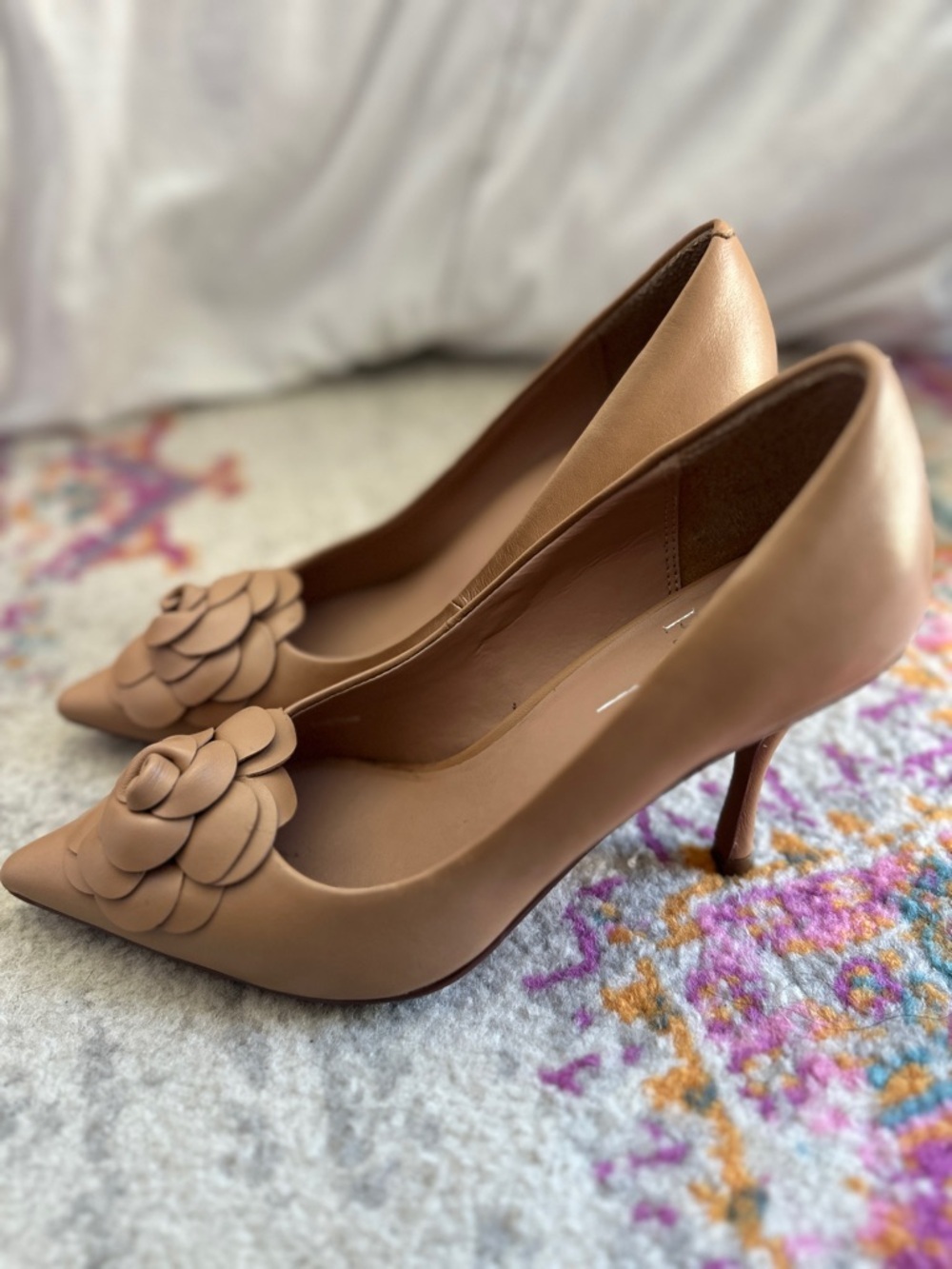 Linea Paolo Classic Tan Leather Pointed-Toe Pumps with Rosette Flower - Picture 2 of 7